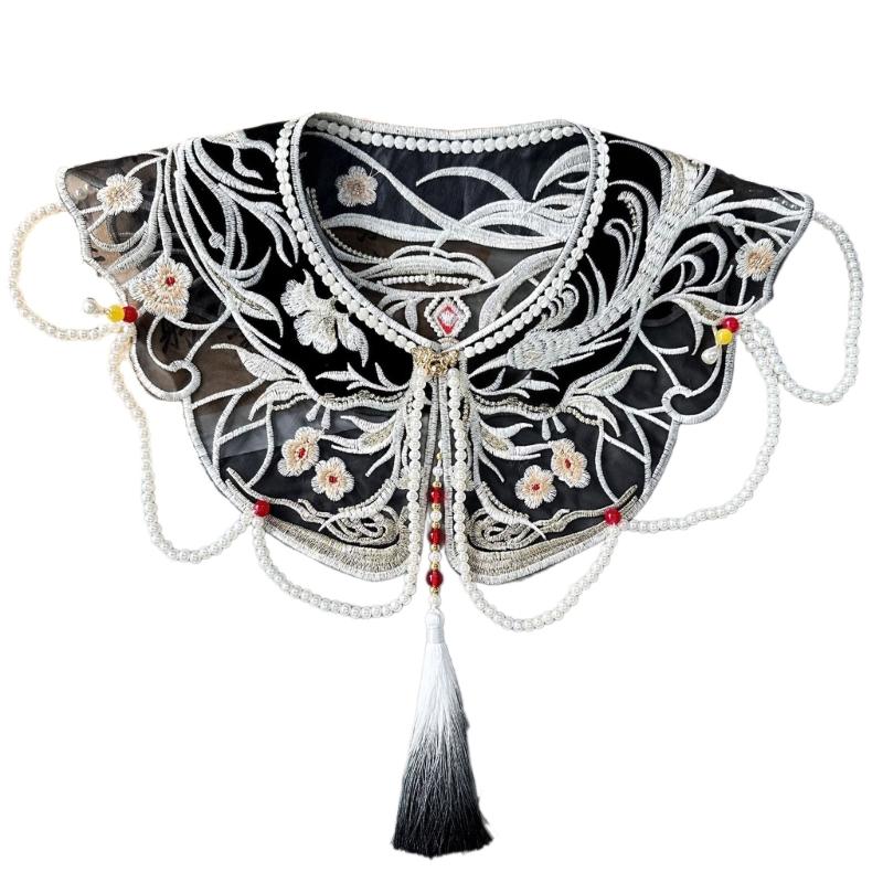 Damen Faux-Kragen mit Perlenketten-Quasten Vintage Stickerei Chinesisch Schwarz Falscher Kragen Schal Capelet mit Perlen Quasten