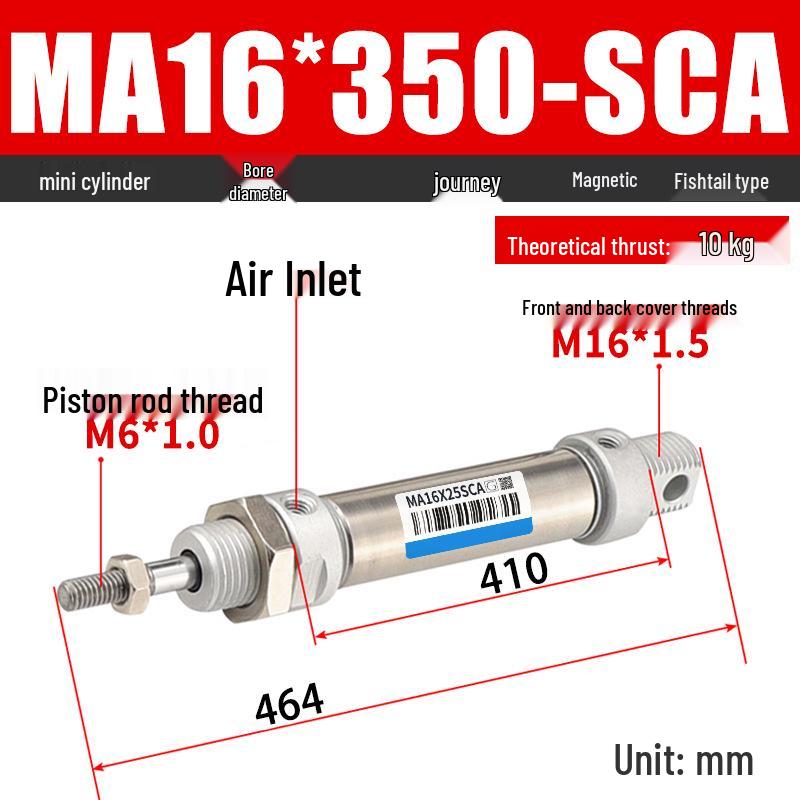 Mini Stainless Steel Pneumatic Cylinder MA Series (16-40mm Bore, 50-200mm Stroke)