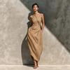 European and American new women's clothing cotton and linen blended sleeveless round neck waist trimmed medium and long dress