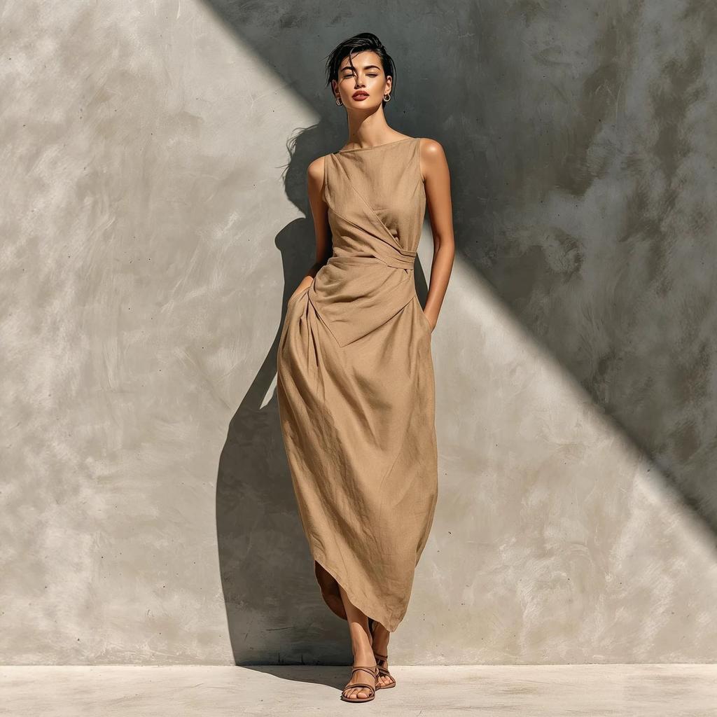 European and American new women's clothing cotton and linen blended sleeveless round neck waist trimmed medium and long dress