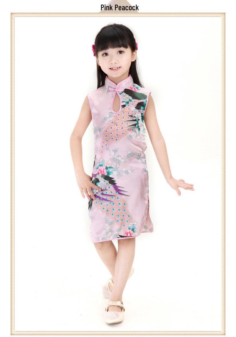 Silk Peacock Qipao with Water Drop Collar - Summer Princess Dress for Girls Size 110 (6#)