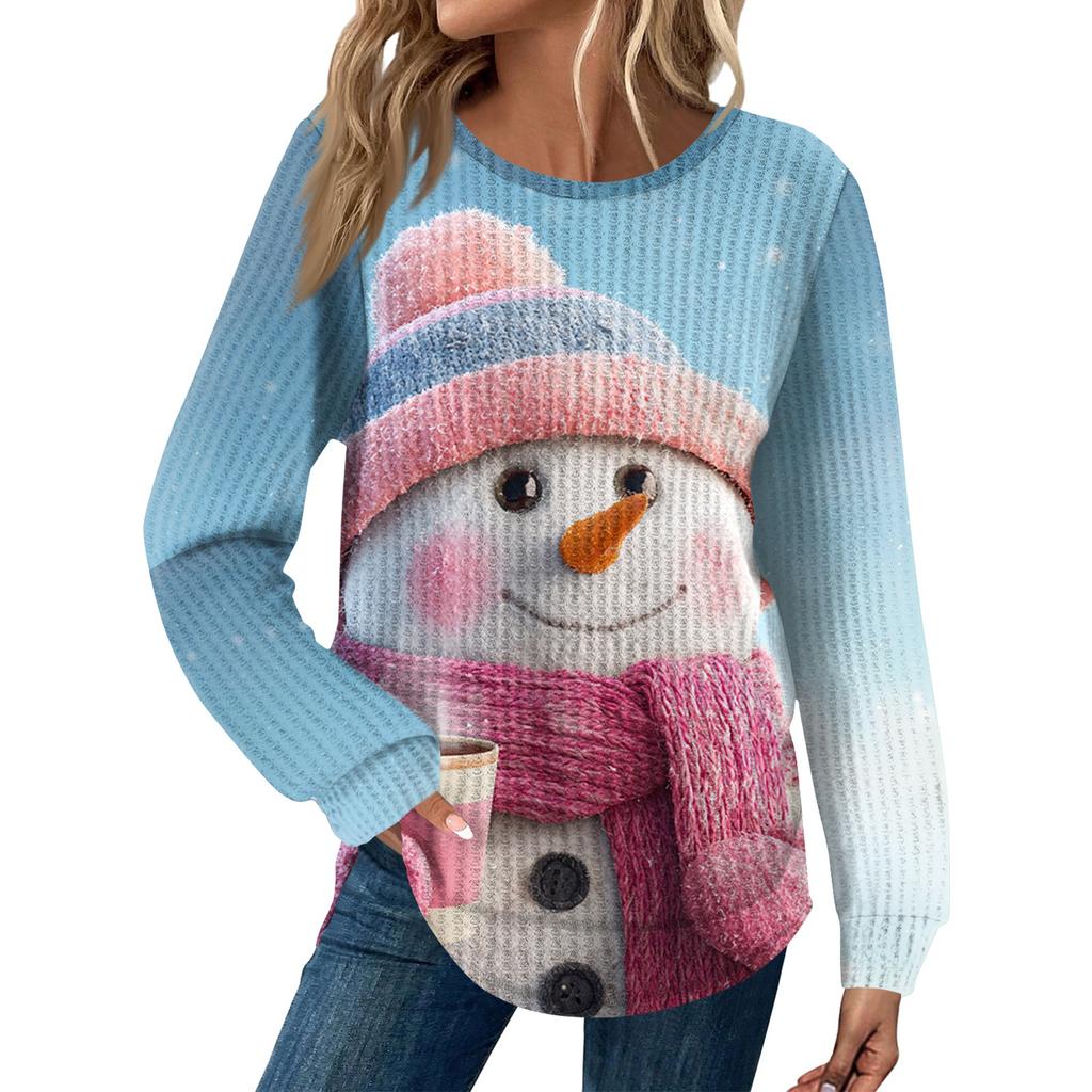 Dámská móda Ležérní Volný Top s kulatým výstřihem a dlouhým rukávem s vánočním potiskem