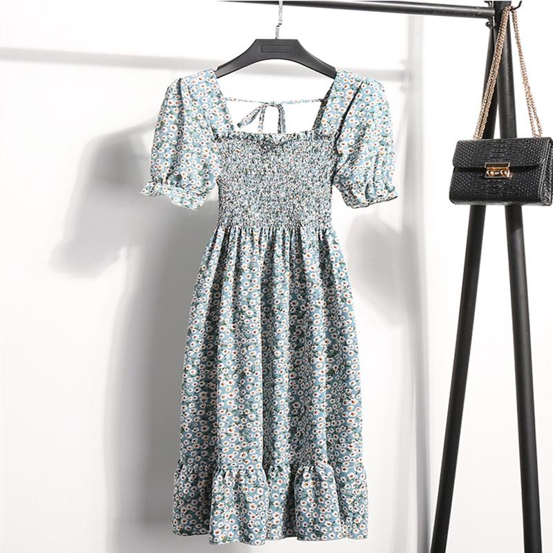 

Летнее платье с цветочным принтом, женское повседневное платье с квадратным воротником, плиссированной талией, тонкое, средней длины, белое, S-XL M зелёный