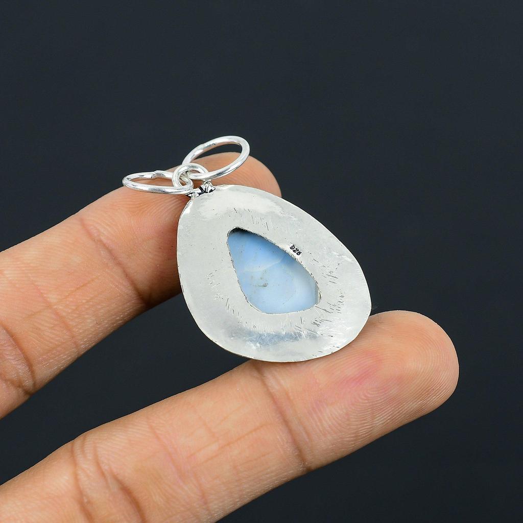 Trillion Owyhee Blue Opal Gemstone Sterling Silver Wedding Bezel Wife Pendant