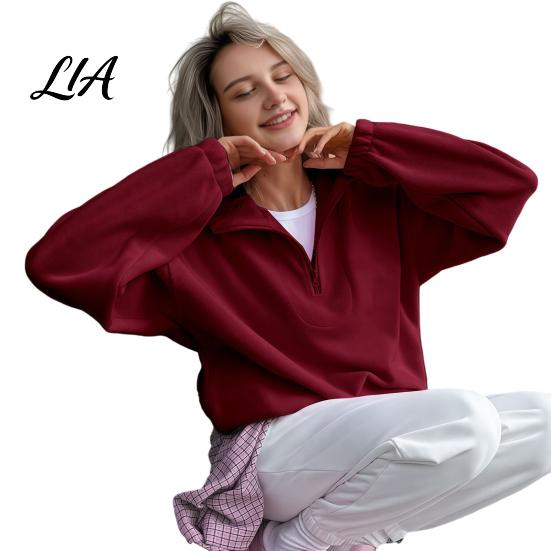 Lady Sweatshirt Women Solid Color Collared Sweatshirt, Loose Half Zipper Collar Pullover Top, Casual Sports Long Sleeve Outfits for Autumn Winter