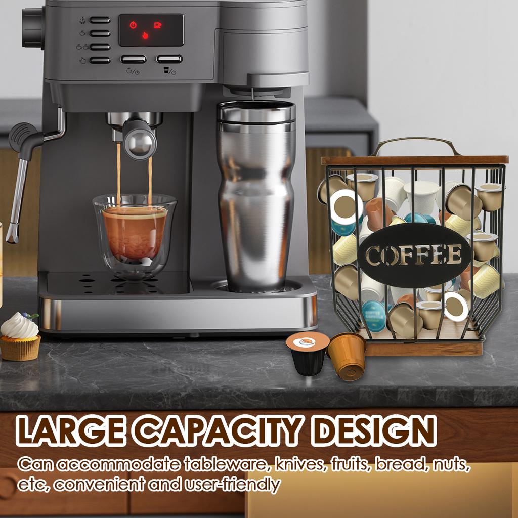 Coffee Capsules Holder Metal Large Capacity Coffee Pod Organizer with Wooden Lid for for Coffee Bar Counter Storage Container