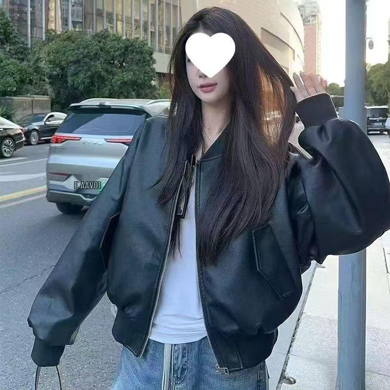 Women's Black Long Sleeve Zipper Leather Baseball Jacket - 2025 Spring/Autumn Retro Loose Motorcycle Style.