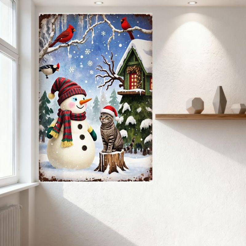 Vintage Christmas Snowman & Tabby Cat Tin Sign, Snowy Landscape with House Cardinals, Retro Rusty Border Metal Poster for Home W