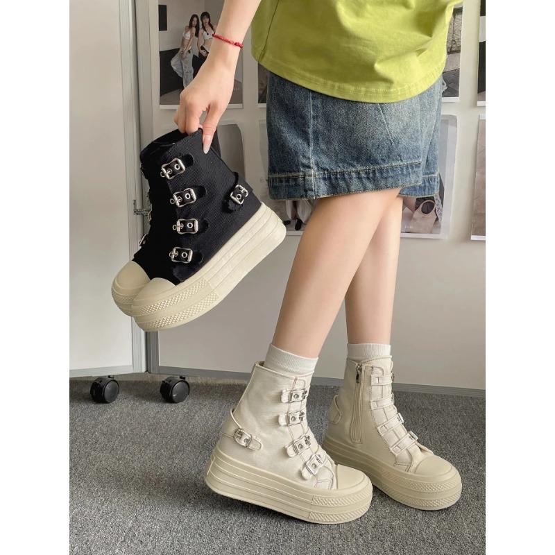 Fashion Women's High Top Canvas Shoe Design Buckle Strap Zip Simplicity Female Shoes 2025 High Street Grace Waling Shoes