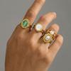 Bohemia Retro Gold Color Stainless Steel Artificial Pearl Shell Cameo Green Opal Stone Open Adjustable Rings for Women Jewelry