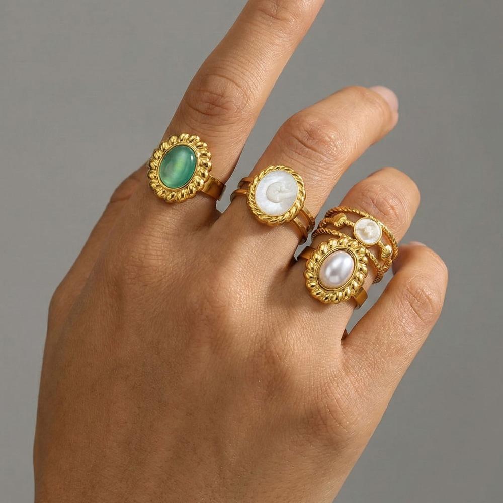 Bohemia Retro Gold Color Stainless Steel Artificial Pearl Shell Cameo Green Opal Stone Open Adjustable Rings for Women Jewelry