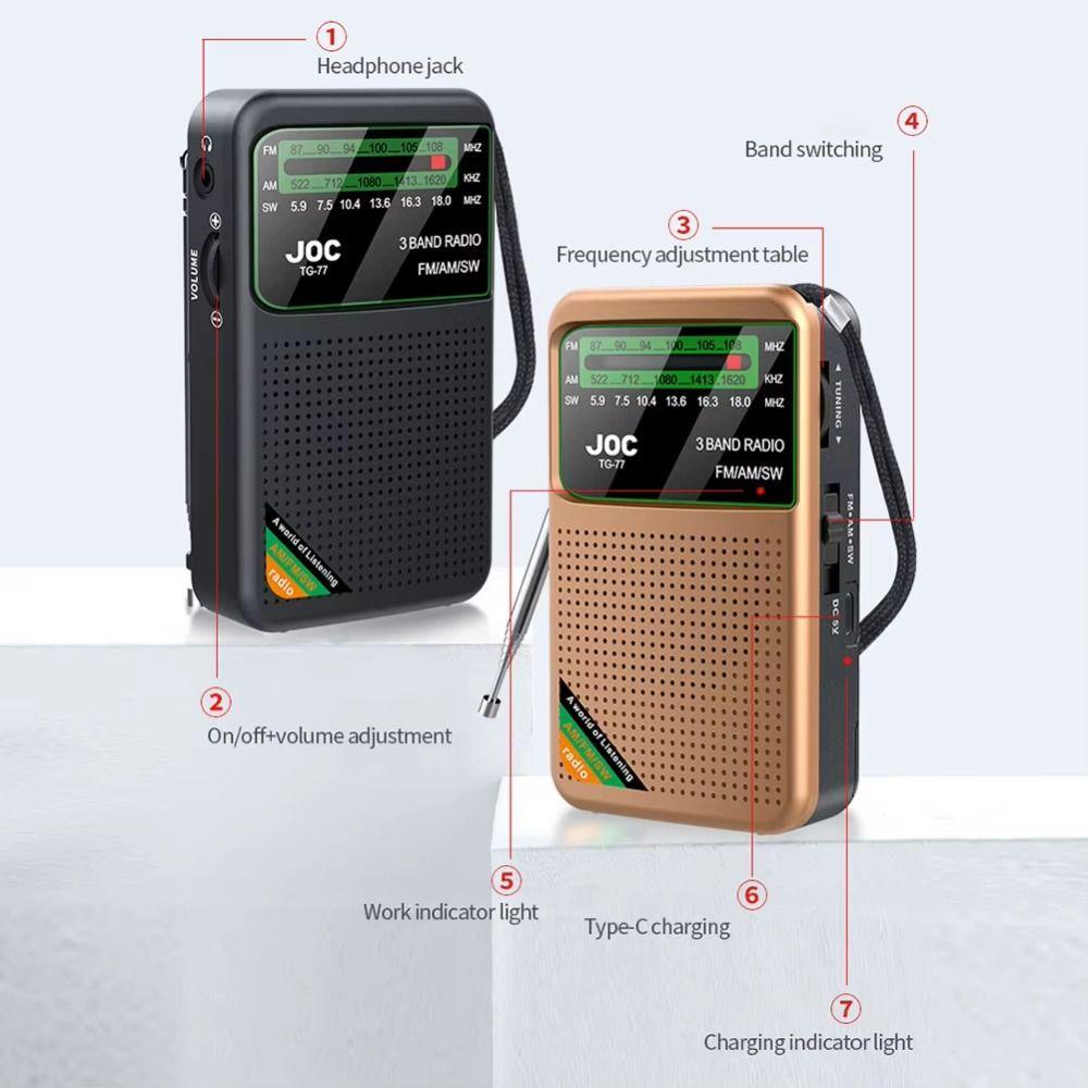 Durable Rechargeable FM AM SW Radio Mini Built-in Speaker Pocket Radio Type-C Full Band Radio for Senior Home Walking