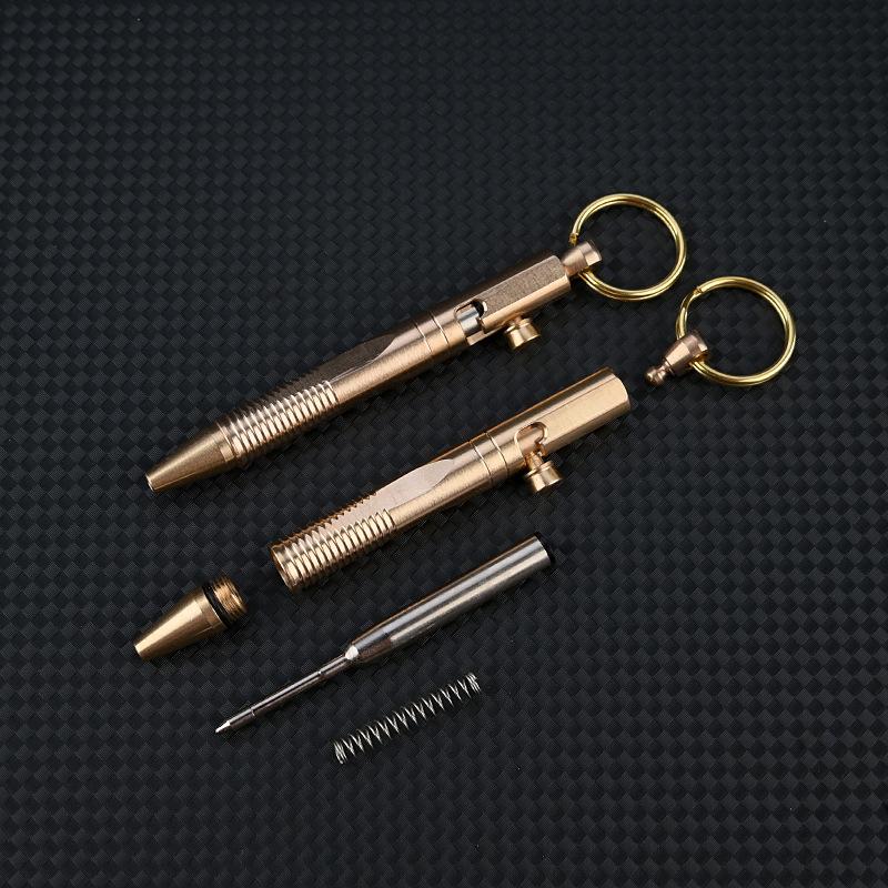 Mini Brass Pen Outdoors Portable Writing Tools Cylindrical Bolt Ballpoint Pen Key Pendant Business Signature Stationery Pen EDC