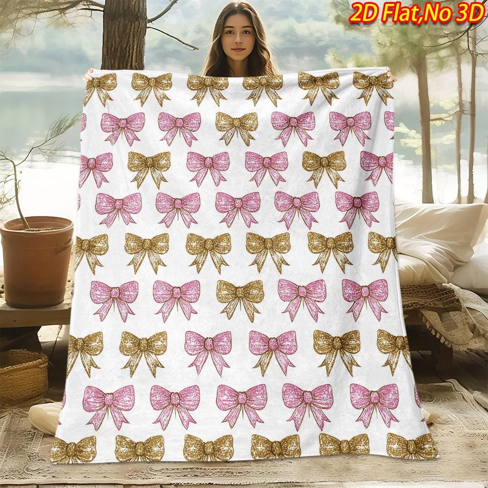 1pc 2D Flat Printing Spring & Summer New Arrival Hand-Painted Style Pink and Golden Bow Themed Digital Print Blanket, Throw Blanket, Soft and Comforta