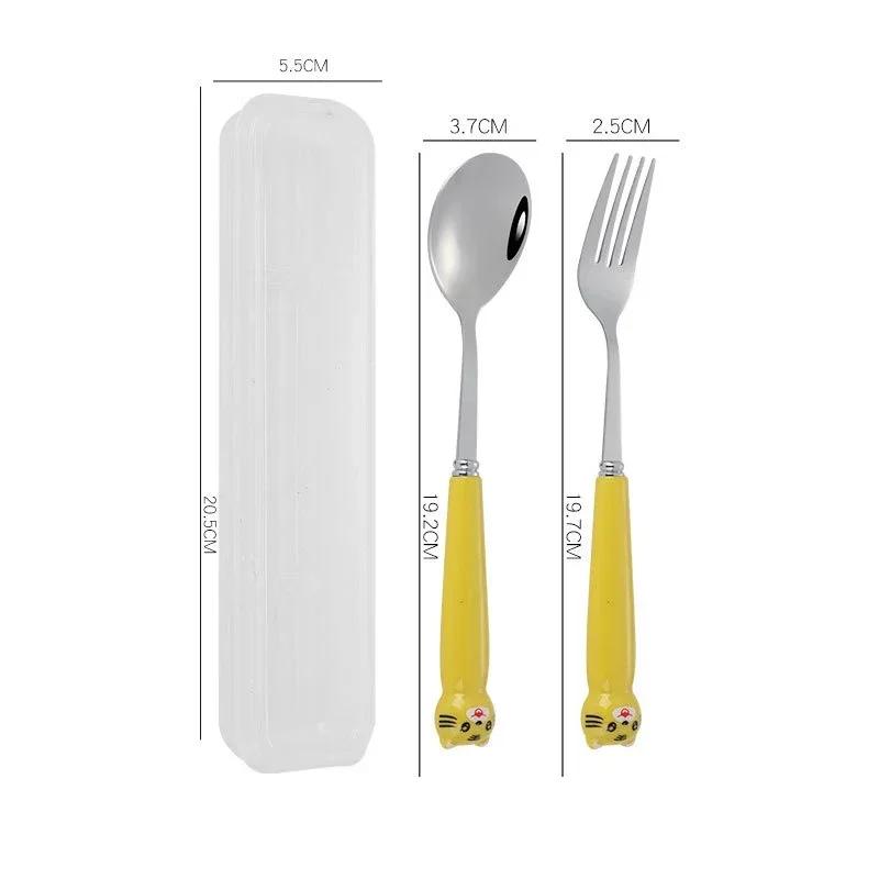 Cute Cartoon Travel Tableware with Case Portable Utensils Cutlery Set Reusable Flatware Silverware Include Fork Spoon with Case