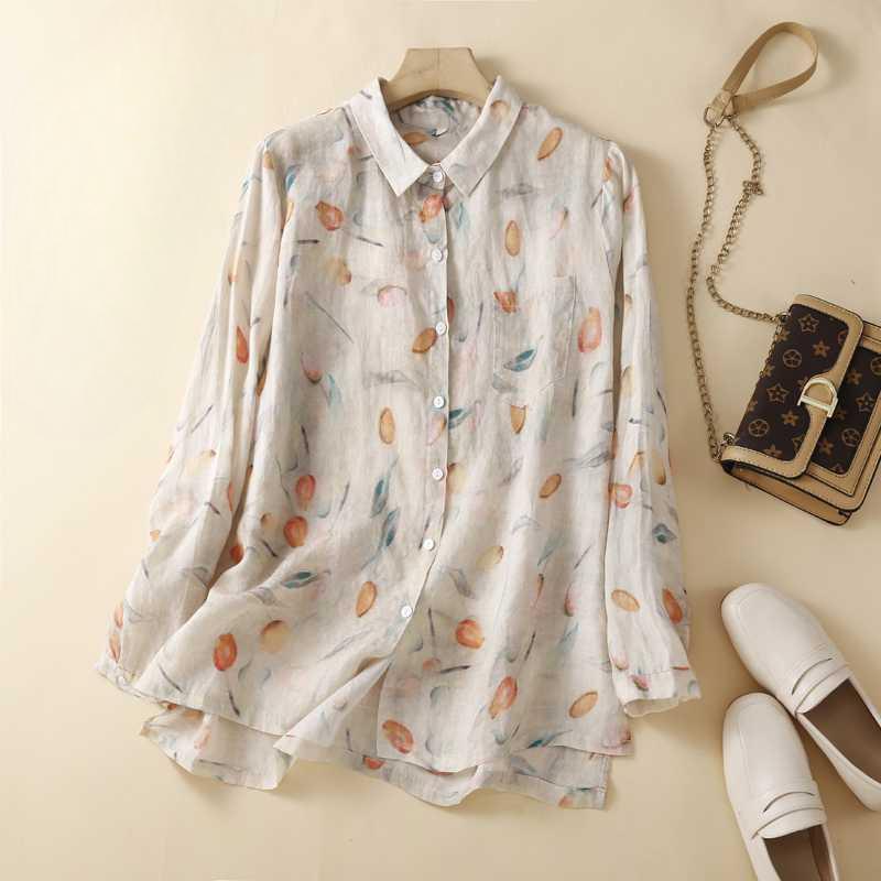 

Рубашка в стиле ретро с принтом из рами высокого качества, женская, из хлопка и льна, свободная, повседневная, с длинными рукавами, осенний наряд 2XL тюльпан