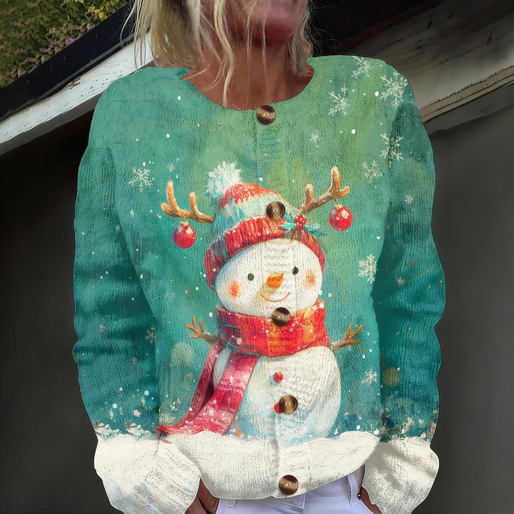 Damenmode, weihnachtlich bedruckt, langärmelig, Strickjacke, Button-Down-Jacke