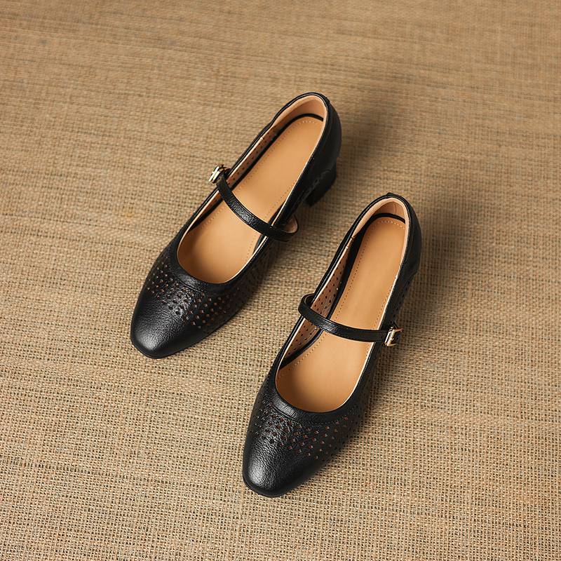 Krazing Pot Sheepskin Round Toe Thick Heels Summer Shoes Solid Big Size 42 Hollow Decoration Women Shallow Pumps