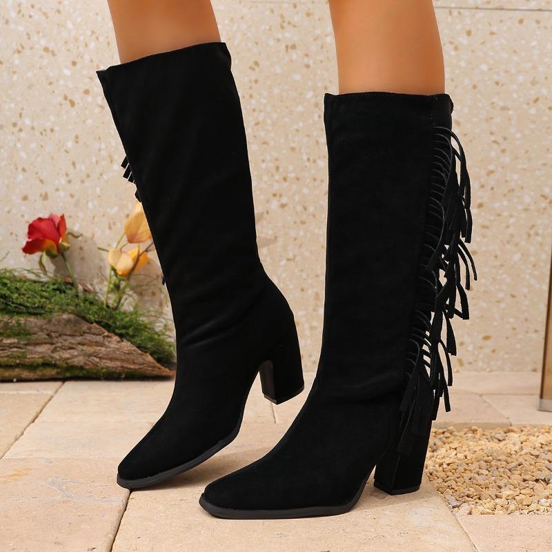 Tassel Block Heel Tall Boots Fashion Round Toe Side Zip Non-Slip High Heel Shoes for Women