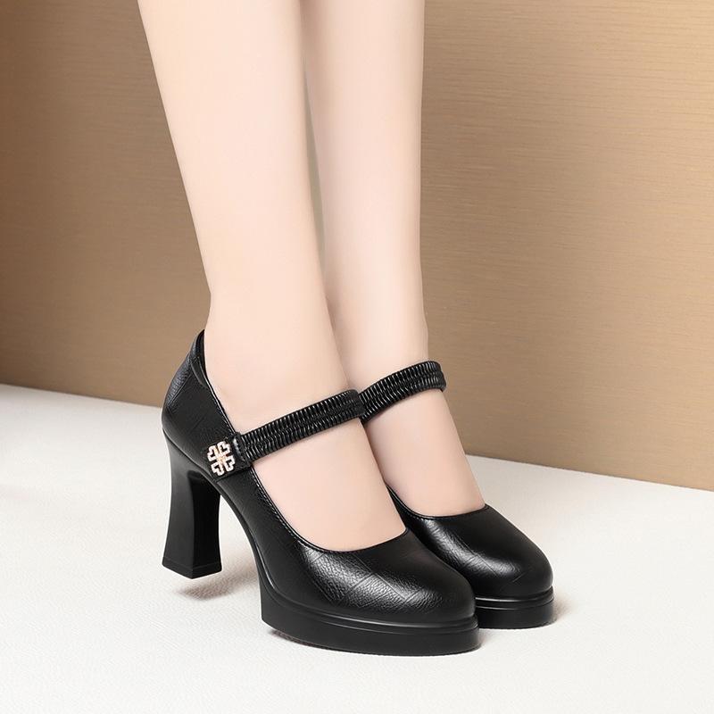 Cheongsam show high heels black model catwalk show thick heel waterproof table one-word buckle shallow mouth women's shoes