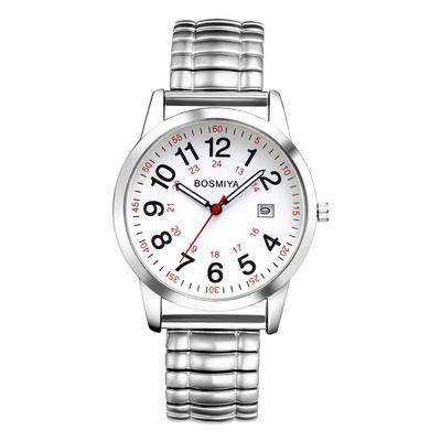 Men's 24-Hour Waterproof Quartz Watch with Elastic Strap, Stainless Steel Analog Display, Calendar, Easy-to-Read Large Screen, One Size Fits Most -