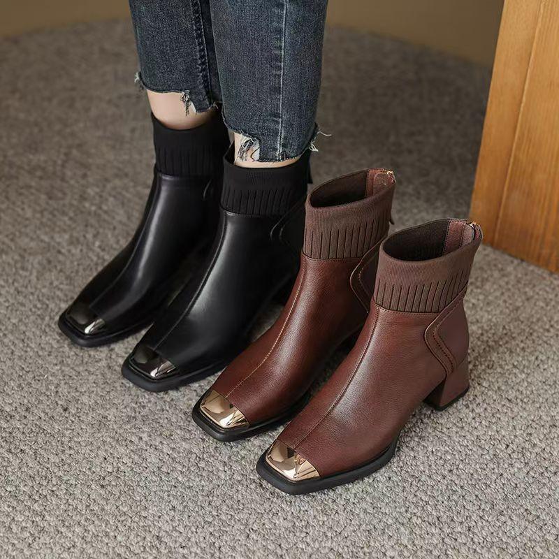 New Women Short Boots Back Zip Zipper Luxury Designer Ladies Rubber High Heel Fashion Pointy Ankle Boot Pointed Toe PU Meta