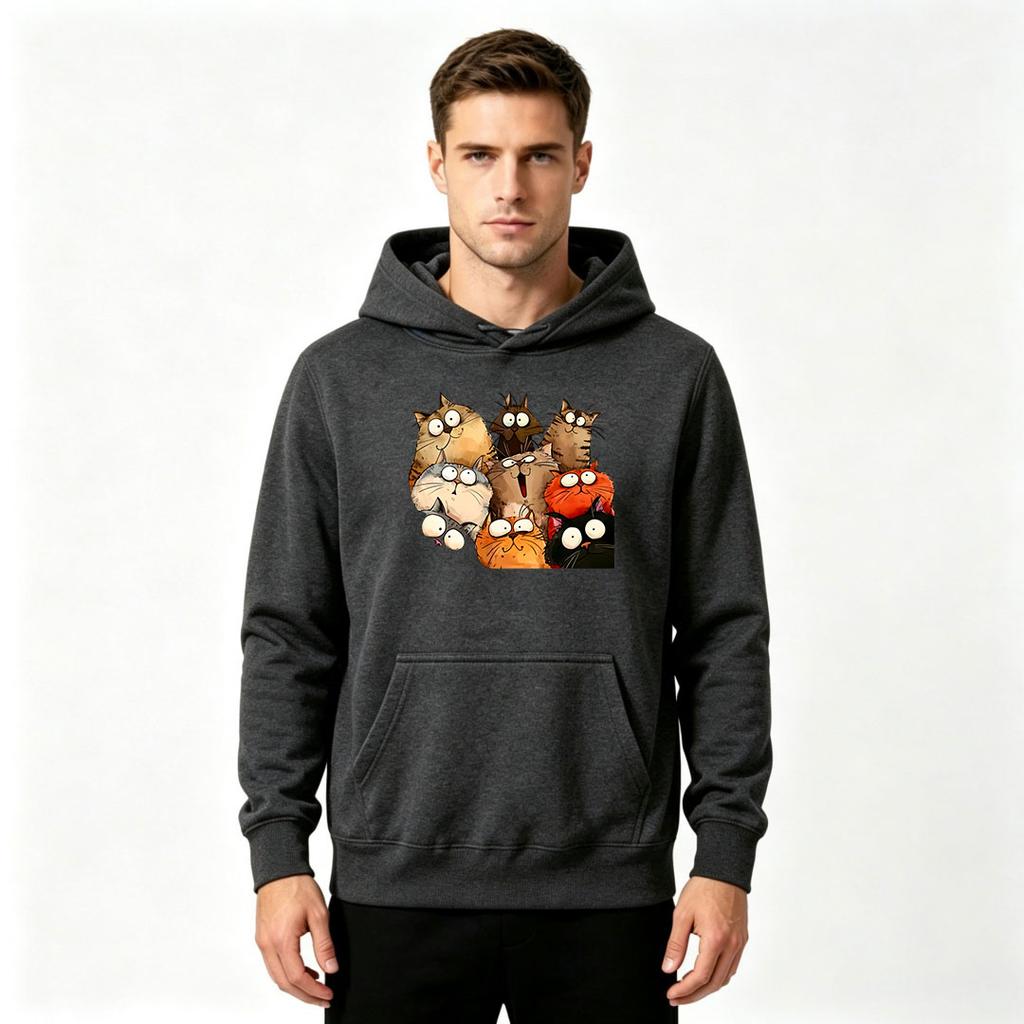 Men's Pullover Hoodie, Funny Cartoon Cat Group Print Casual Long Sleeve Hooded Sweatshirt for Daily Wear