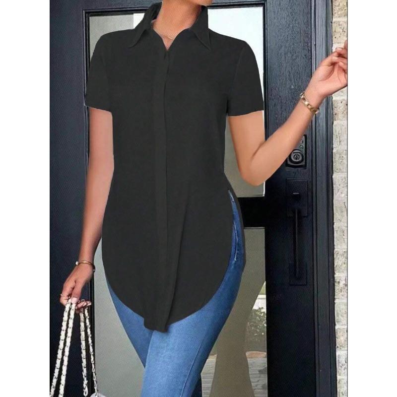 GMXIA Women's Fashion Casual Solid Color Print Short Sleeve POLO Neck Blouses & Shirts
