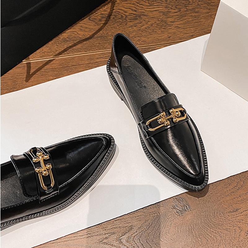 Metall Schnalle Ketten Turnschuhe Frauen Niedrigen Absatz Wohnungen Oxfords Damen Kleine Leder Schuhe Spitz Mocasines Mary Janes Femme