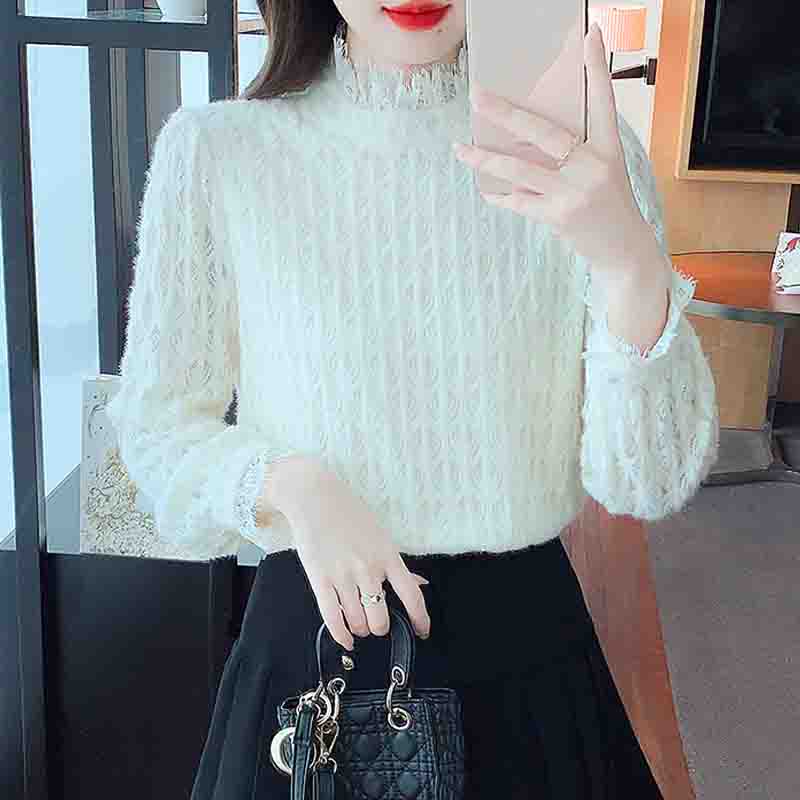 Winter Fashion New 2024 Long Sleeve Stand Collar Apricot Velvet Lace Blouse Shirt Women Tops Blouses Shirts J784