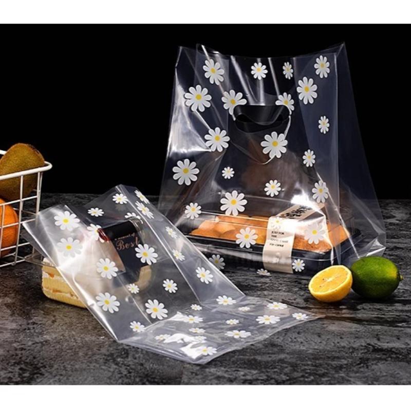 Gänseblümchen-Aufdruck Take-Away-Tragetaschen Kuchen- und Dessert-Backverpackungsbeutel Verdickte Transparente Lebensmittelliefertaschen PE-Material Geschenk-Plastiktüte