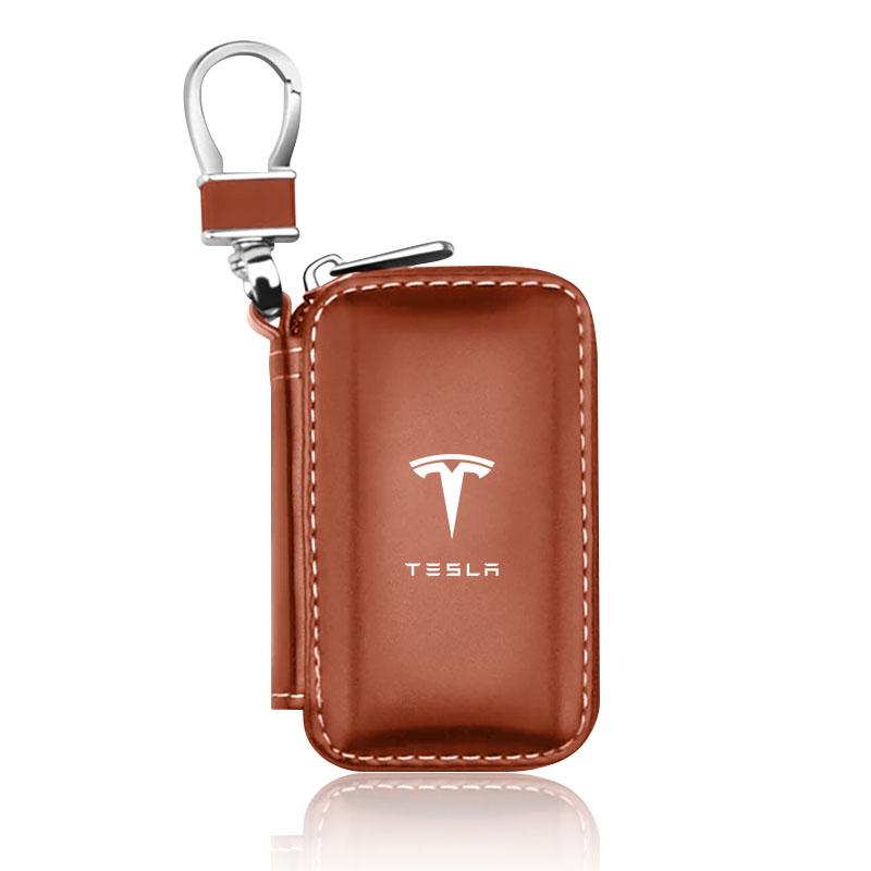 1Pcs Leather Car Emblem Key Case Keychain Zipper Key Case Bag For Tesla Model S Model X Model Y Model 3 Roadster SpaceX Accessory
