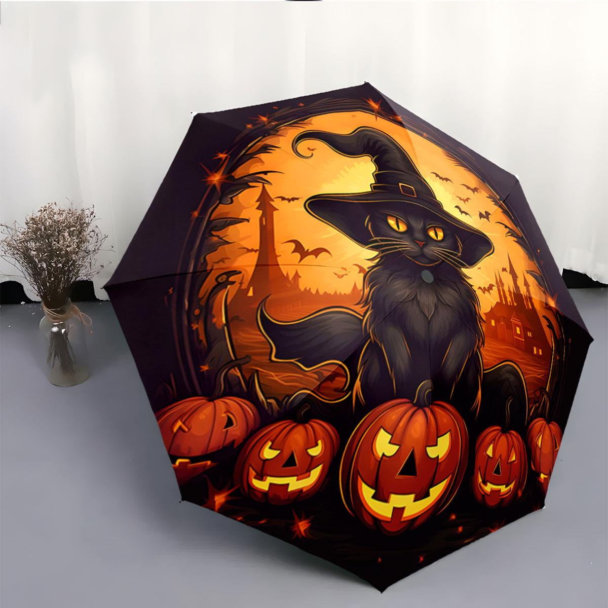 

Automatic Open/Close Umbrella with Witch Cat, Pumpkins & Bats - Halloween & Christmas Gift, Portable Folding Umbrella with One Iron&8K