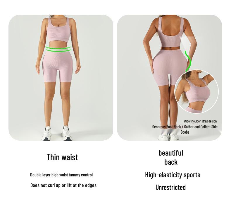 Ribbed Band Sports Bra & High-Waisted Peach Fitness Yoga Shorts Set