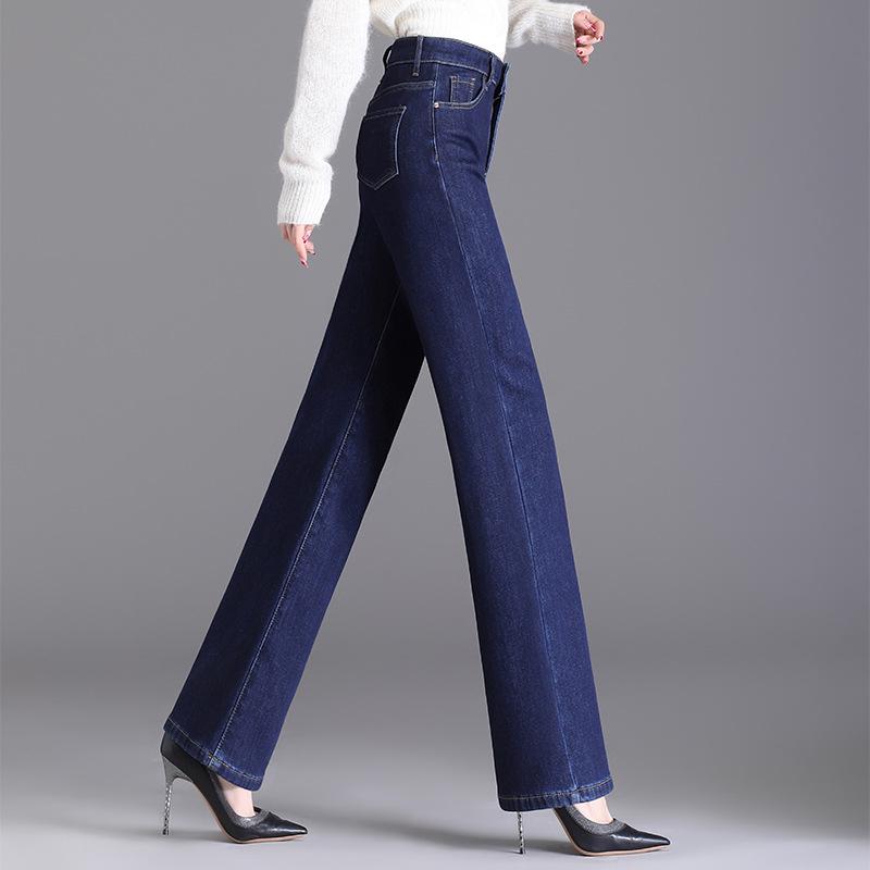High-Waisted Slimming Plus Size Jeans - Women s Autumn/Winter Velvet Thickening Straight Leg Pants Size 30 темно-синий