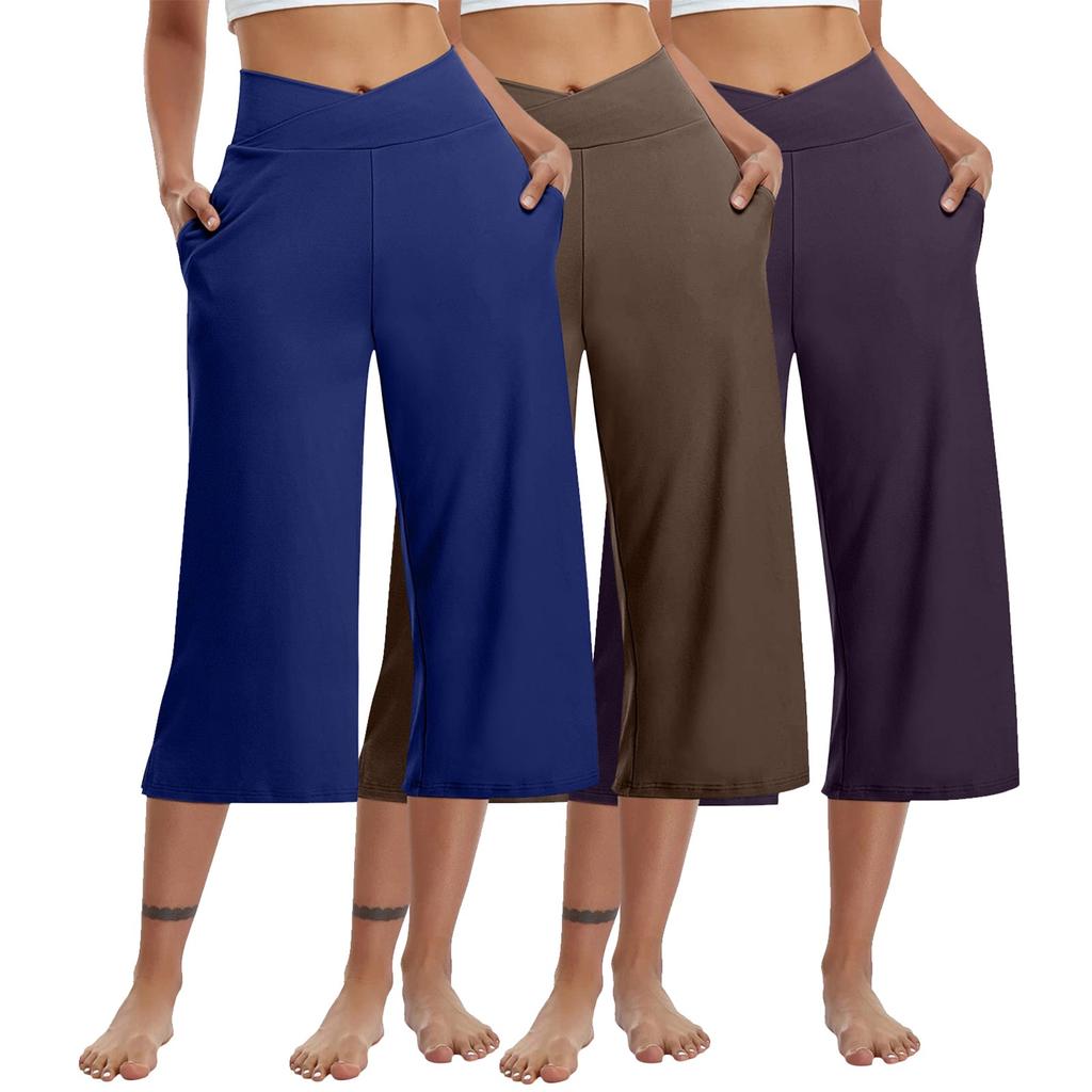 3 Pack Women Elastic High Waist 3/4 Pant Casual Active  Fit Wide Capris Leg Pants Trousers With Pockets