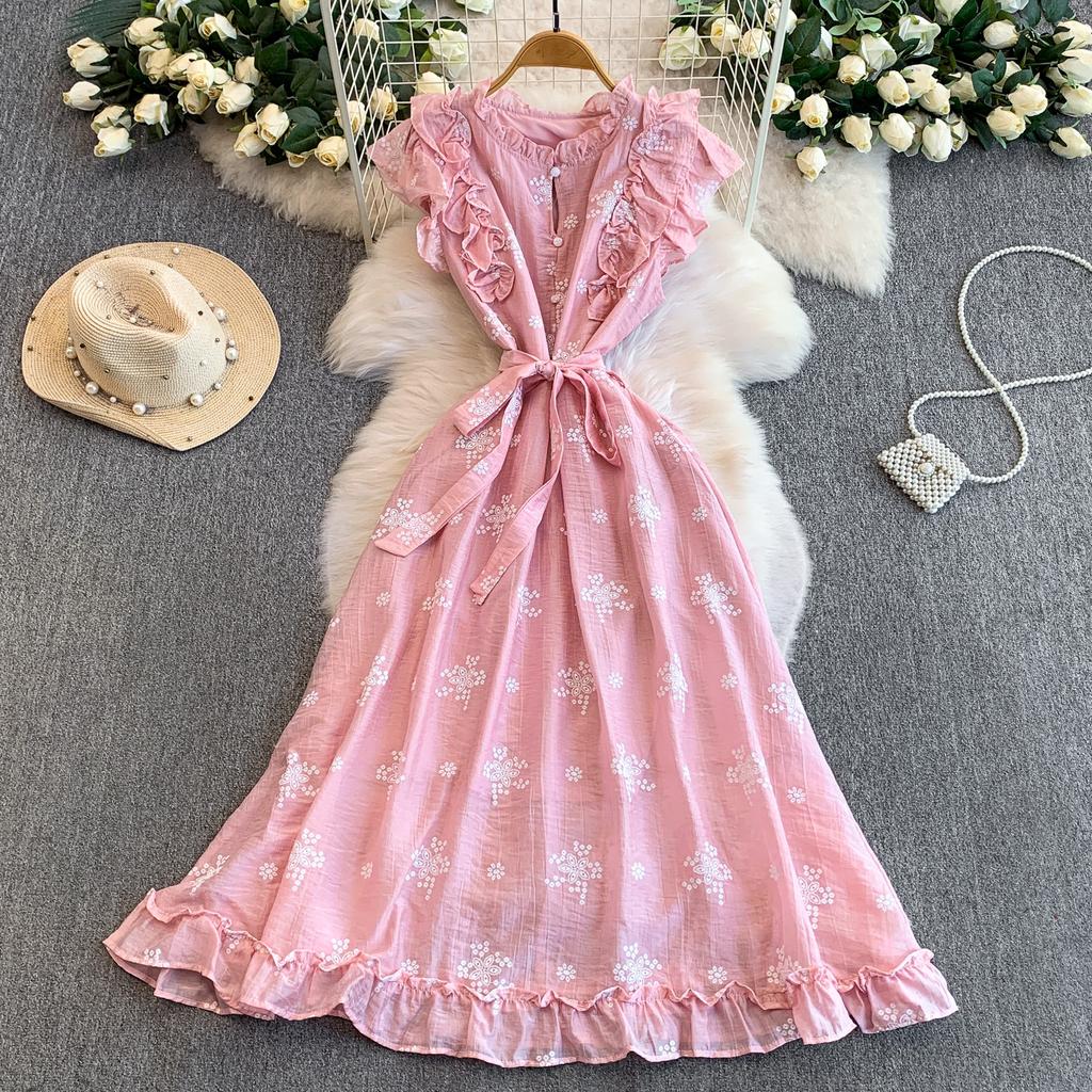 Sweet Stitched Ruffle Hem round Ne Princ Long Dress Women Spring Autumn Belted Waist Women Dress
