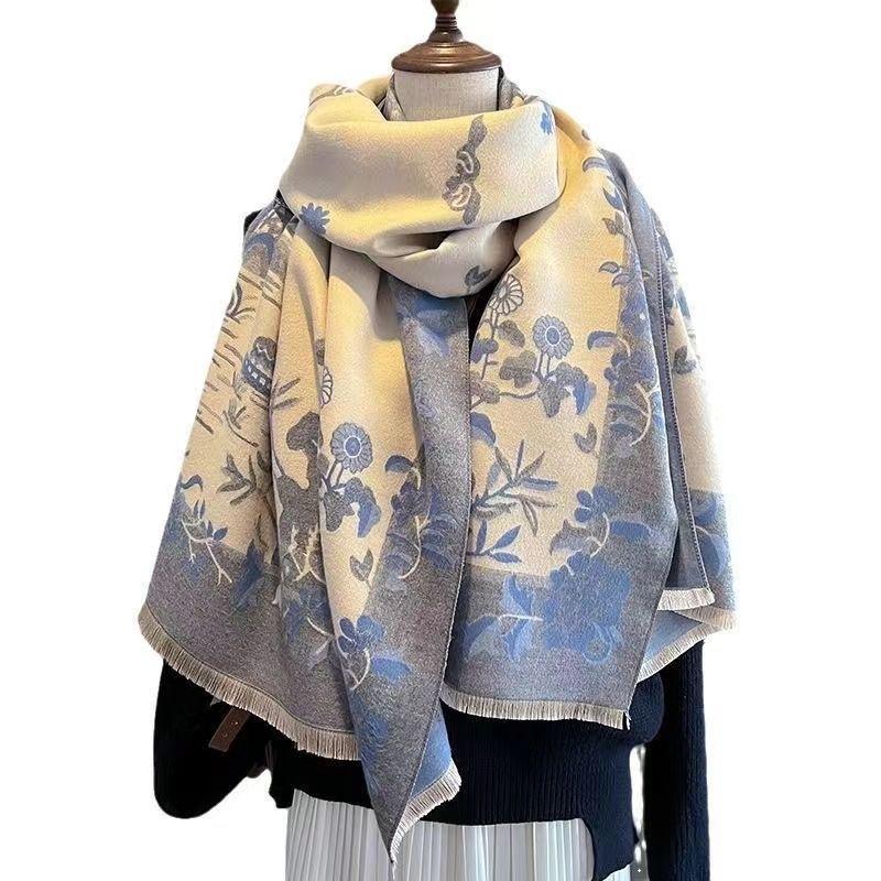 Autumn and Winter Landscape Classic Print Thickened Warm Women's Shawl Imitation Cashmere Skin Friendly Short Fringed Scarf