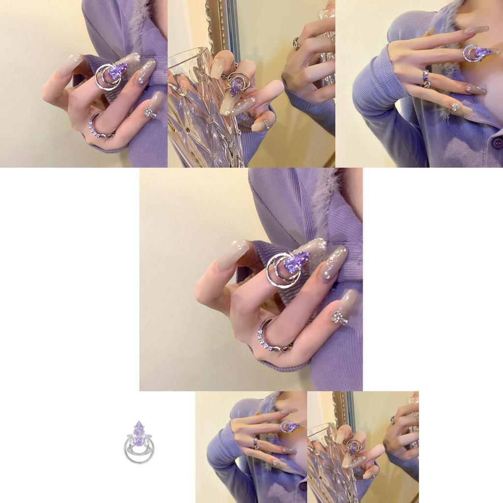 Irregular Purple Water Drop Rhinestone Zirconia Chain Ring For Women Stylish Fashion Accessory