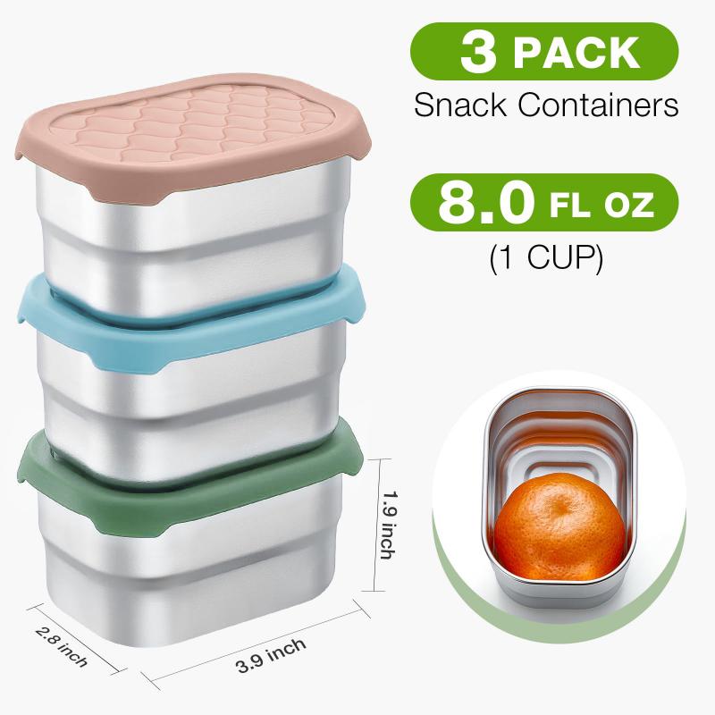 Stainless Steel Snack Containers for Kids Easy Open Leak Proof Small Food with Silicone Lids Lunch Box 3Pcs