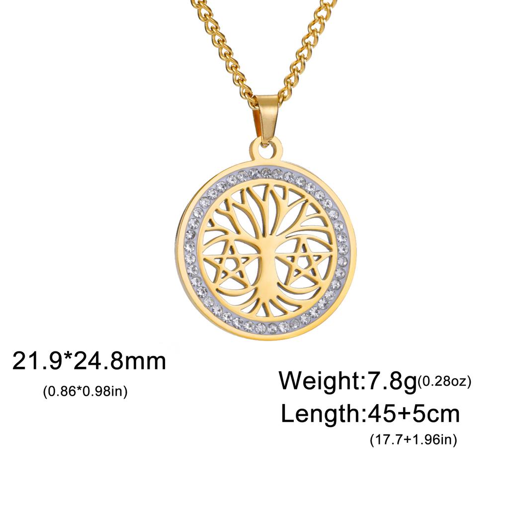 Tree of Life Clear Zircon Round Pendant Necklace Women Stainless Steel Gold Color Neck Chains Luxury Jewelry Wedding Gift