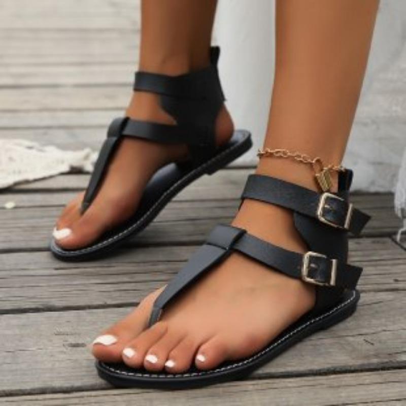 Summer Low-heeled Toe Women's Shoes Fashionable and Comfortable Belt Buckle Flat-bottomed High-top Sandals