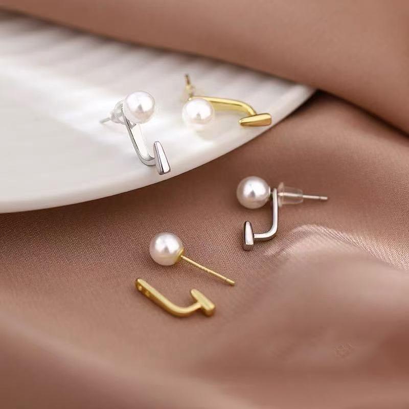 Real 925 Silver Pearl Hook Gold Stud Earrings For Women Cute Fine Jewelry Small Niche Accessories