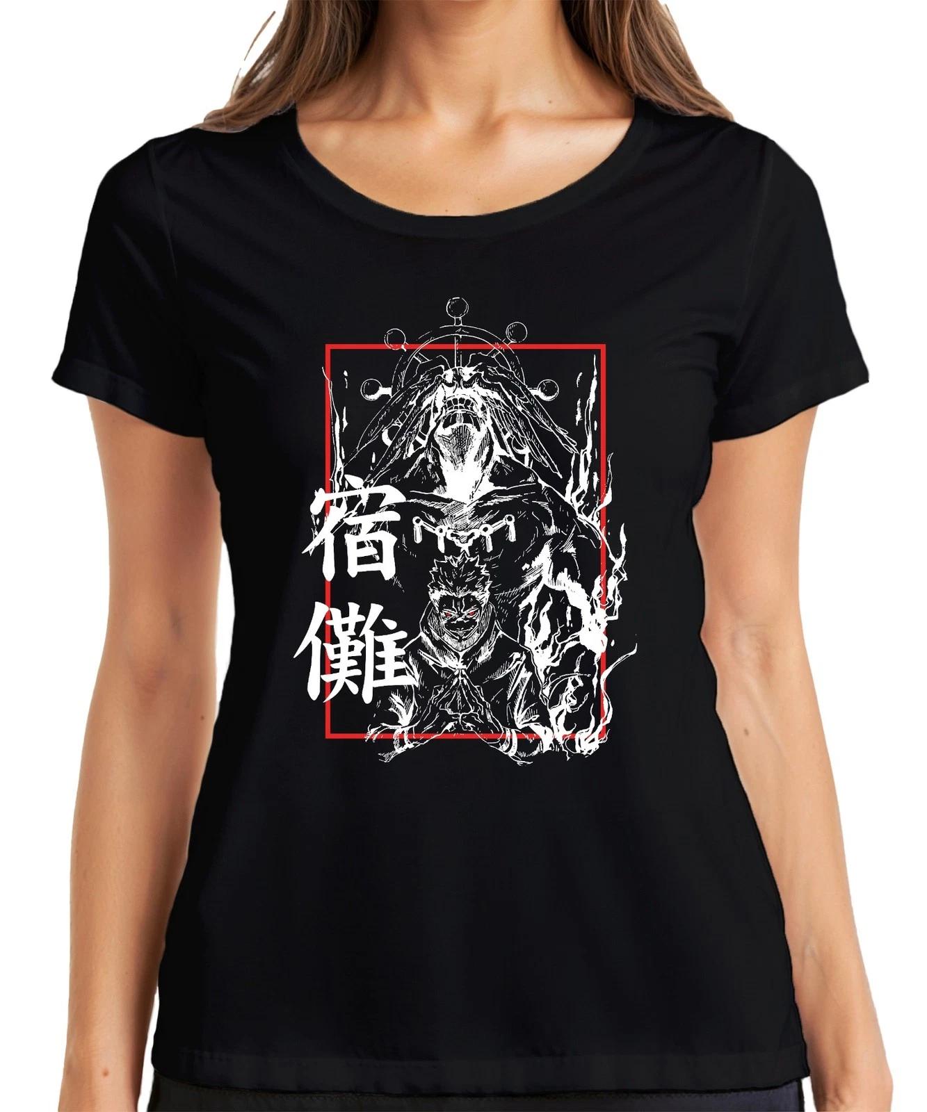 Jujutsu Kaisen Sukuna verflucht Dämon Flammen Rotaugen Anime Damen T-Shirt L