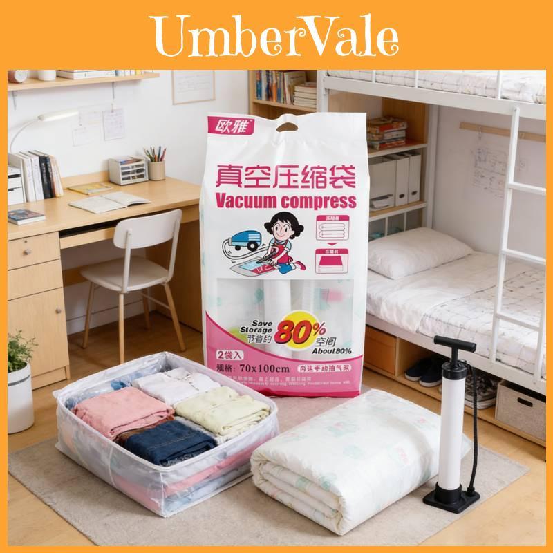 Vacuum Compression Bag For Comforters With Transparent Blue Edge And Manual Pump For Closet Space