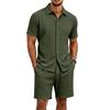 European Summer Men's Jacquard Casual Lapel Short Sleeve Shirt and Shorts Set