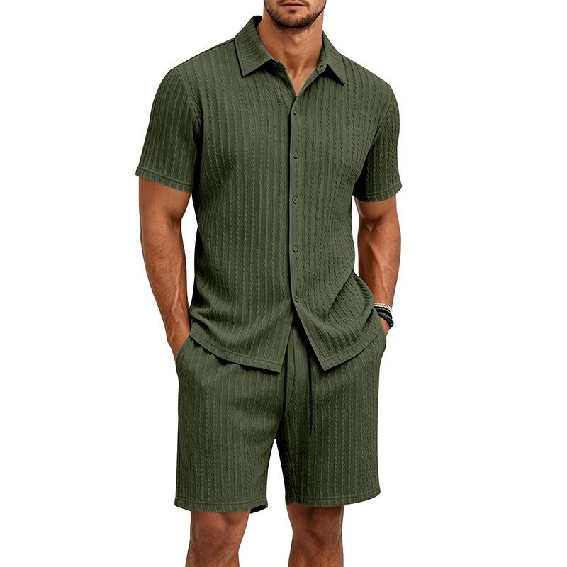 European Summer Men's Jacquard Casual Lapel Short Sleeve Shirt and Shorts Set