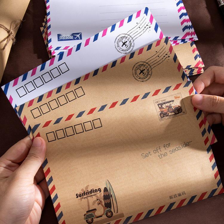 Kraft Paper Retro European Style Airmail Envelope & Stationery Set with Postcards and Greeting Cards In White