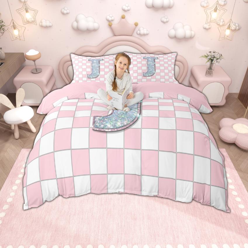 Homewish Monogrammed Duvet Cover Set for Kids, Pink Buffalo Plaid Bedding Set, Pink Reversible Quilt Cover Set