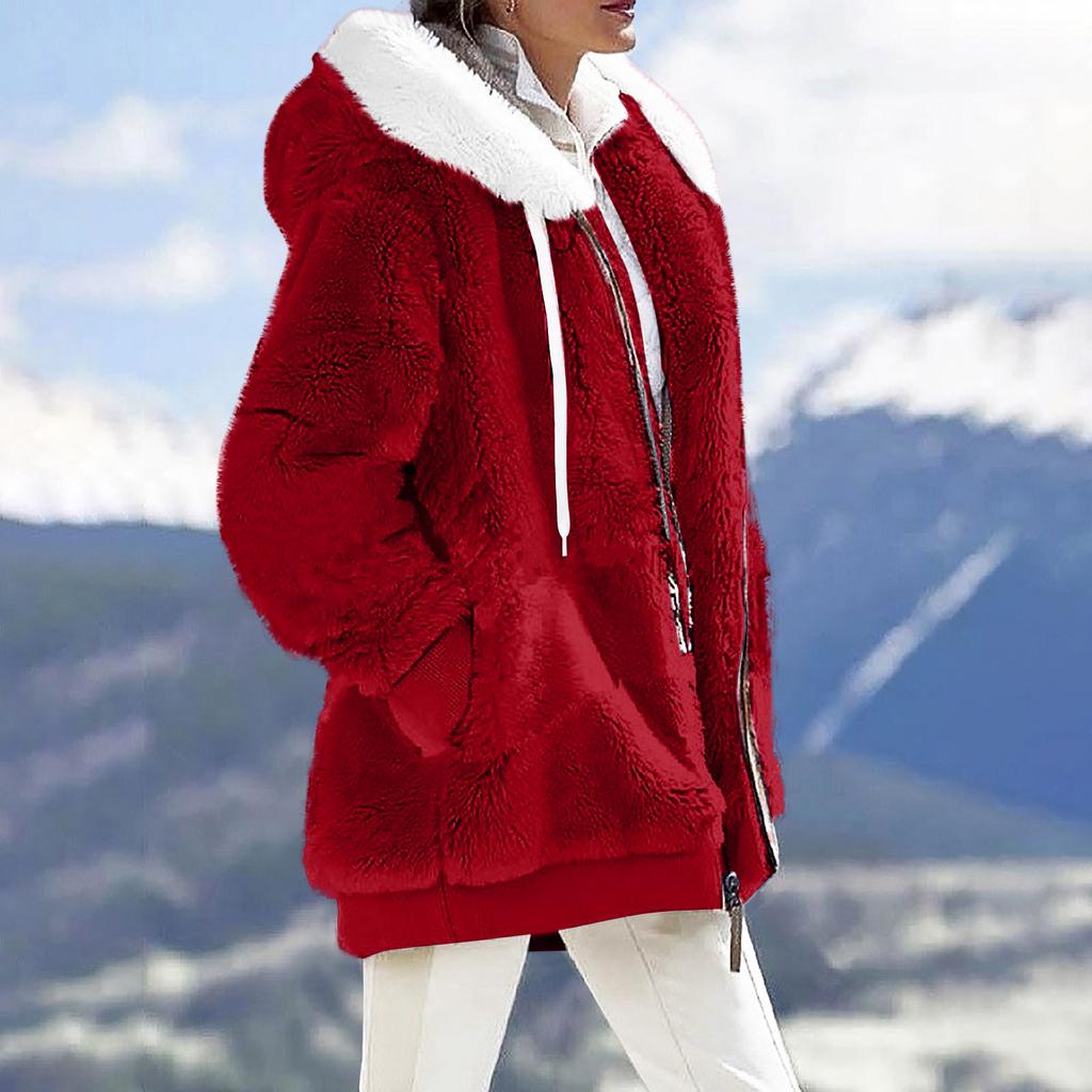Women's Fashion Fuzzy Color Zippered Pocket Hooded Long Sleeve Loose Warm Jacket